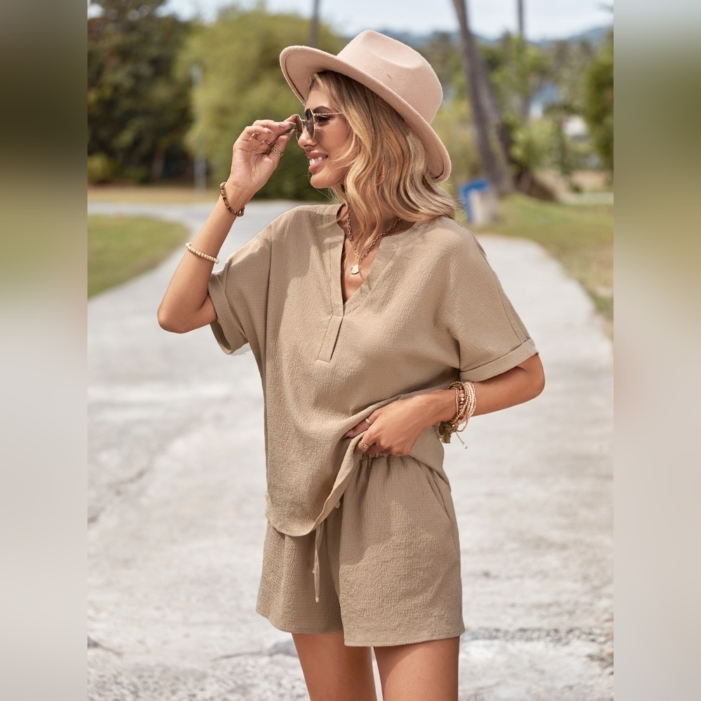 Women's Solid Color Loose Fit Casual 2-Piece Set Conjunto Short Summer Sets - Picture 1 of 5